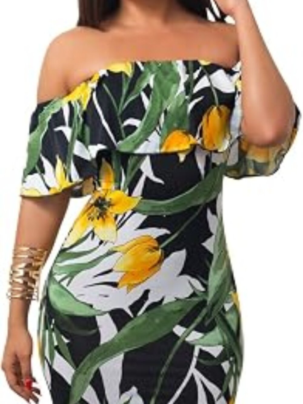 Ruffle Plain Floral Printed Off Shoulder Bodycon Long Party Maxi Dress